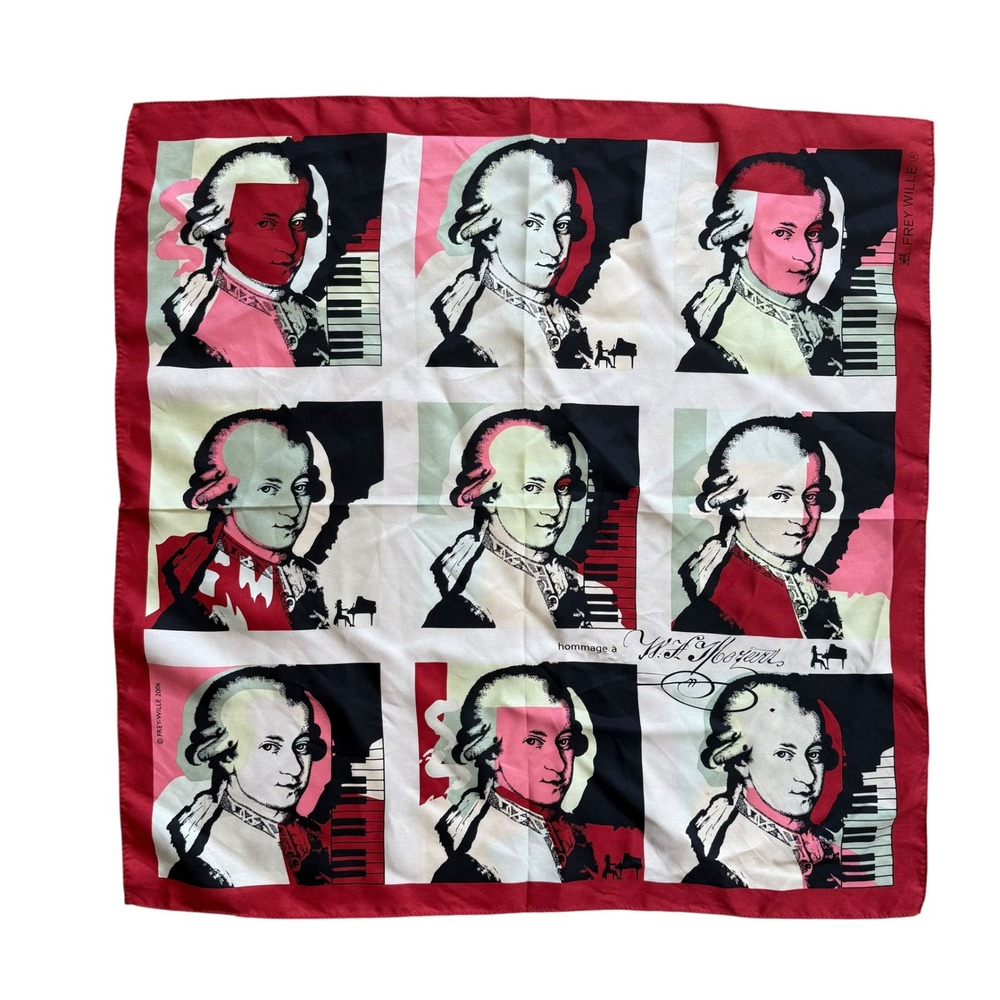 Frey Wille 2006 Hommage a Mozart Silk Scarf Red Pink Pop Art Portrait 20"‎